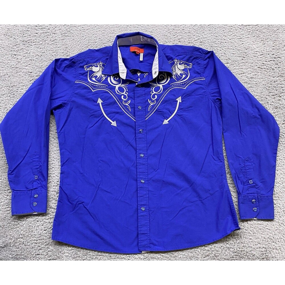 Patron Cito Shirt Mens Large Blue Red Label Western Cowboy Barn Horse Embroidery